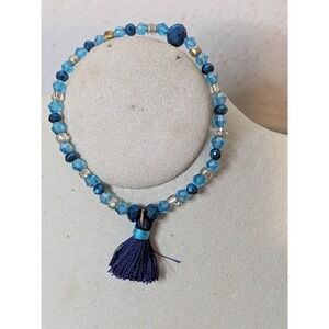 Blue Crystal Beaded Stretch Bracelet with Navy Tassel Charm